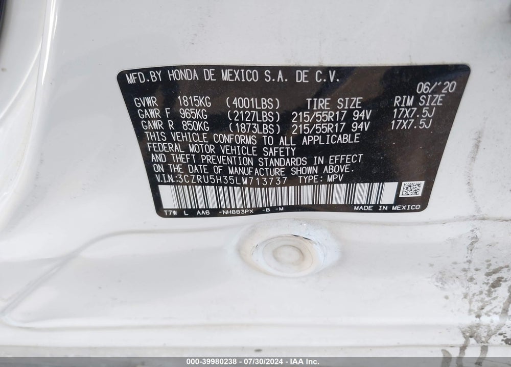 2020 HONDA HR-V 2WD LX VIN: 3CZRU5H35LM713737