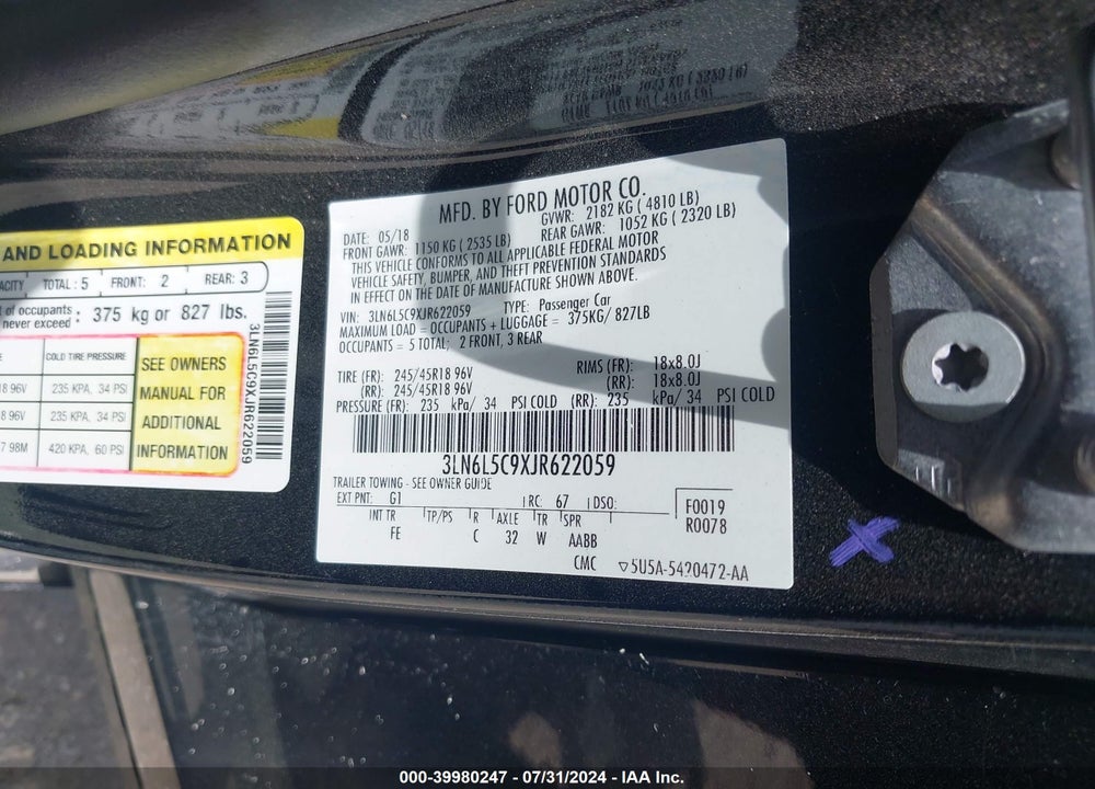 2018 LINCOLN MKZ SELECT VIN: 3LN6L5C9XJR622059