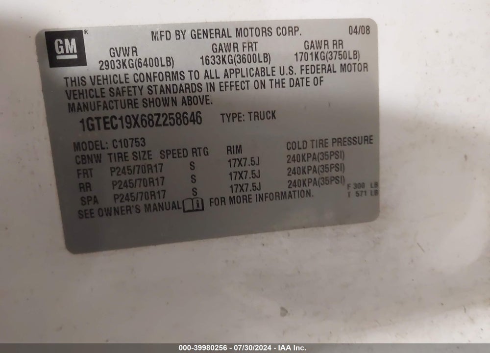 2008 GMC SIERRA 1500 WORK TRUCK VIN: 1GTEC19X68Z258646