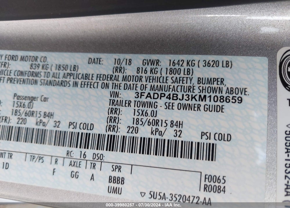 2019 FORD FIESTA SE VIN: 3FADP4BJ3KM108659