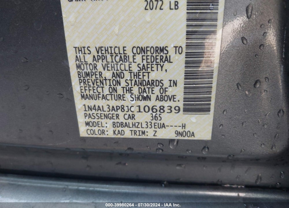 2018 NISSAN ALTIMA 2.5 SR VIN: 1N4AL3AP8JC106839