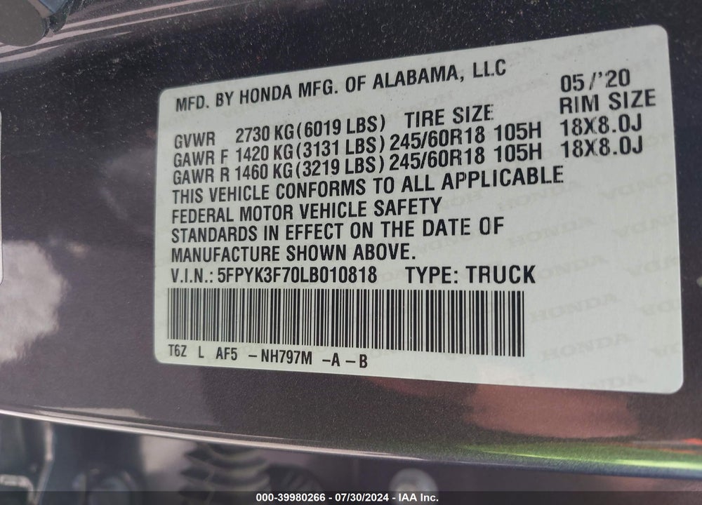 2020 HONDA RIDGELINE RTL-E VIN: 5FPYK3F70LB010818