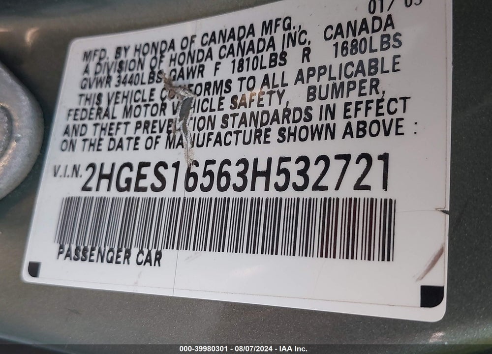 2003 HONDA CIVIC LX VIN: 2HGES16563H532721
