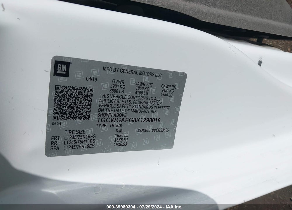 2019 CHEVROLET EXPRESS 2500 WORK VAN VIN: 1GCWGAFG8K1298018