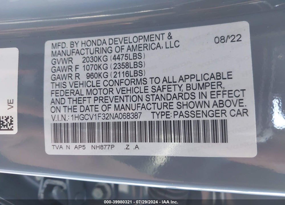 2022 HONDA ACCORD SPORT VIN: 1HGCV1F32NA068387