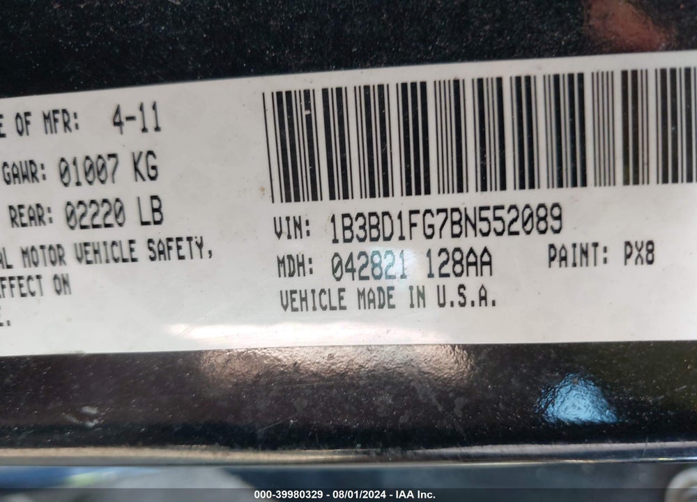 2011 DODGE AVENGER MAINSTREET VIN: 1B3BD1FG7BN552089