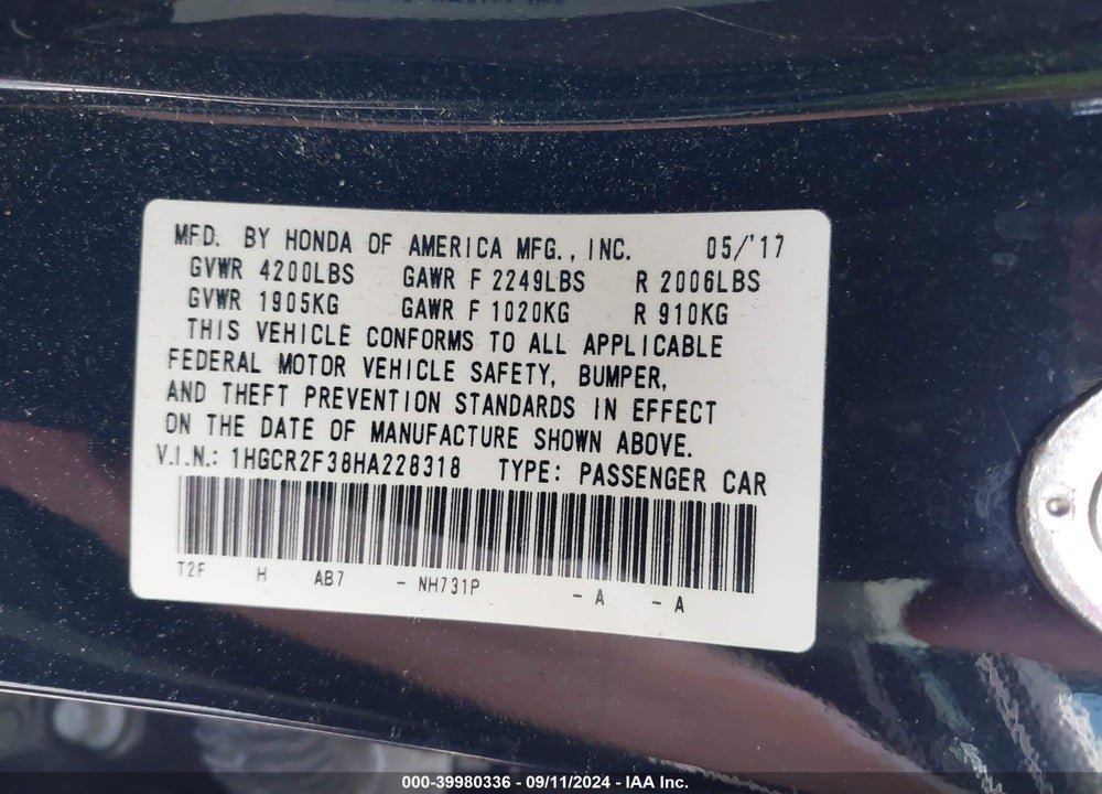 2017 HONDA ACCORD LX VIN: 1HGCR2F38HA228318