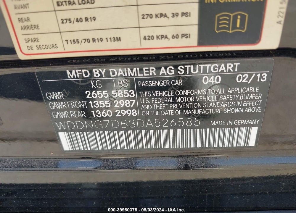 2013 MERCEDES-BENZ S 550 VIN: WDDNG7DB3DA526585