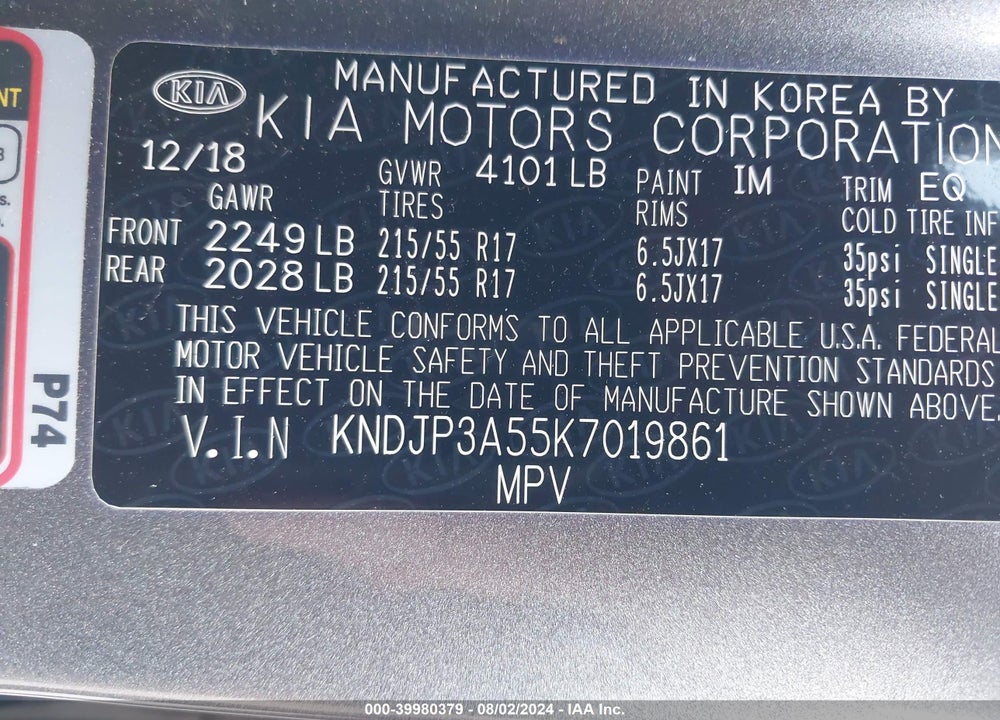 2019 KIA SOUL VIN: KNDJP3A55K7019861