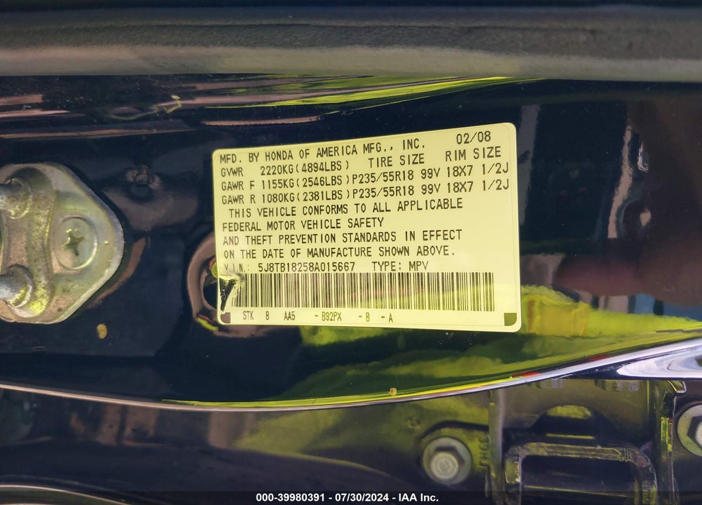 2008 ACURA RDX VIN: 5J8TB18258A015667