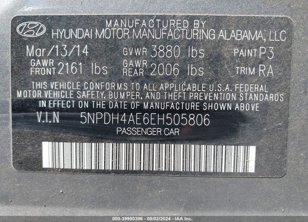 2014 HYUNDAI ELANTRA SE VIN: 5NPDH4AE6EH505806