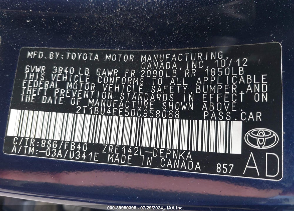 2013 TOYOTA COROLLA LE VIN: 2T1BU4EE5DC958068