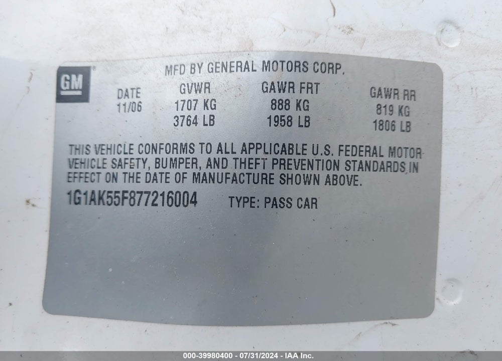 2007 CHEVROLET COBALT LS VIN: 1G1AK55F877216004