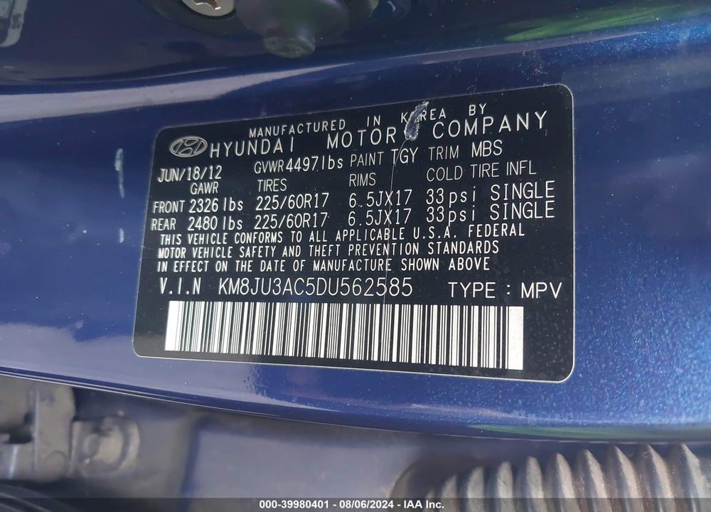 2013 HYUNDAI TUCSON GLS VIN: KM8JU3AC5DU562585