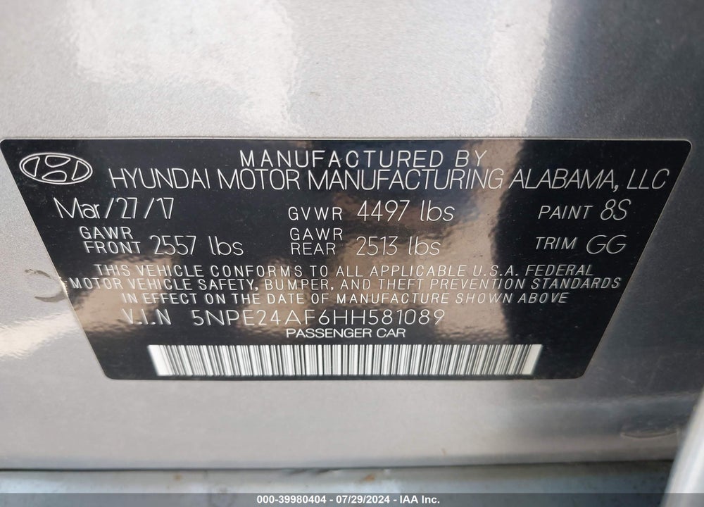 2017 HYUNDAI SONATA VIN: 5NPE24AF6HH581089