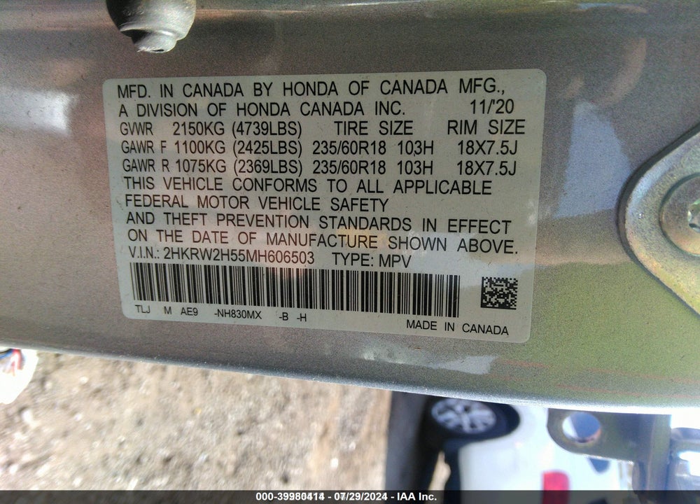 2021 HONDA CR-V AWD EX VIN: 2HKRW2H55MH606503
