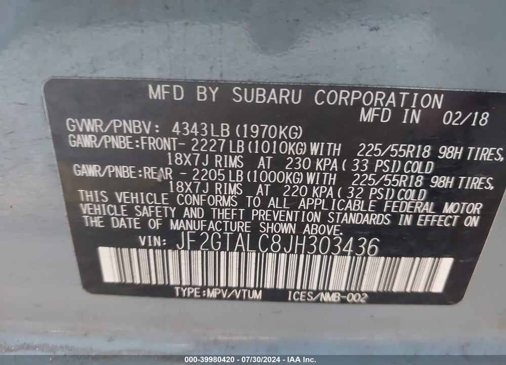 2018 SUBARU CROSSTREK 2.0I LIMITED VIN: JF2GTALC8JH303436