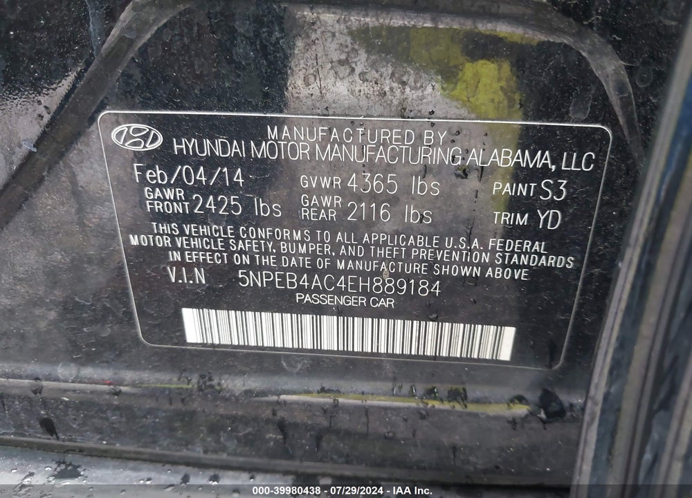 2014 HYUNDAI SONATA GLS VIN: 5NPEB4AC4EH889184