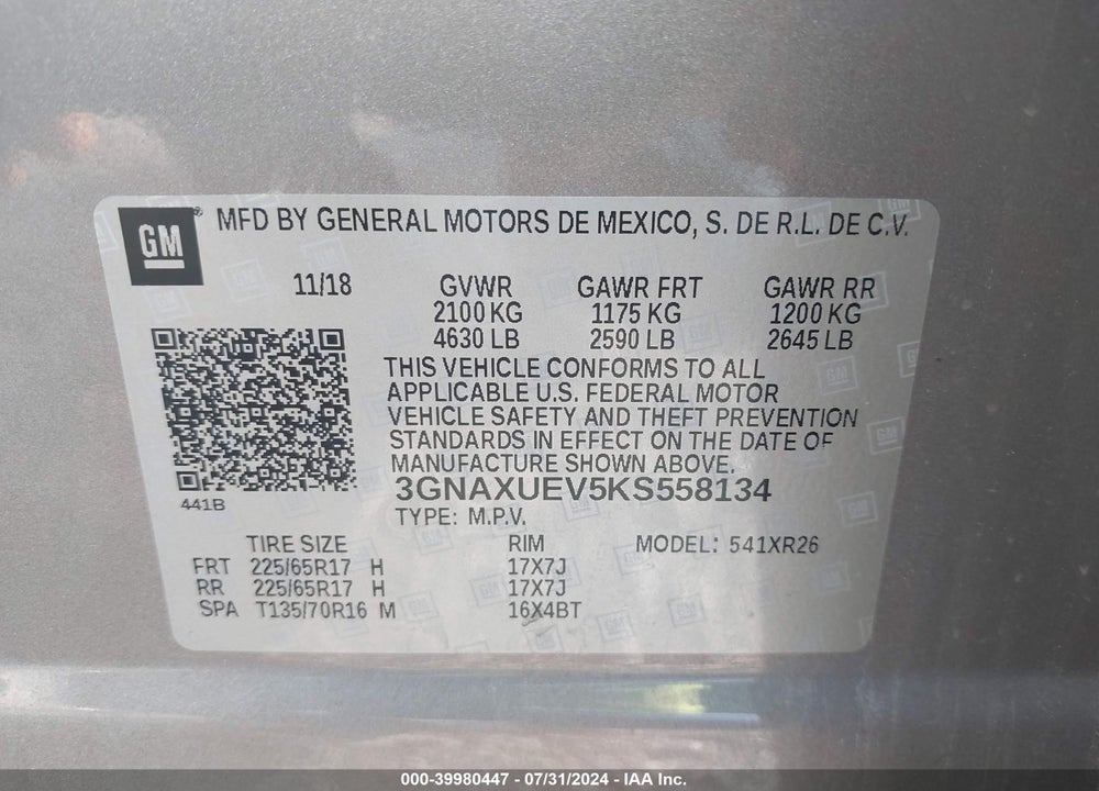 2019 CHEVROLET EQUINOX LT VIN: 3GNAXUEV5KS558134