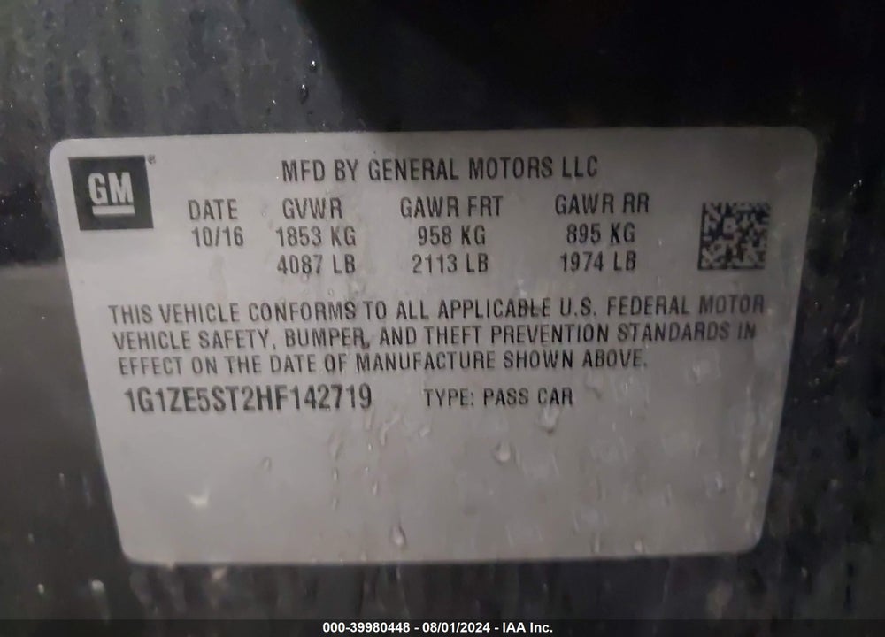 2017 CHEVROLET MALIBU VIN: 1G1ZE5ST2HF142719