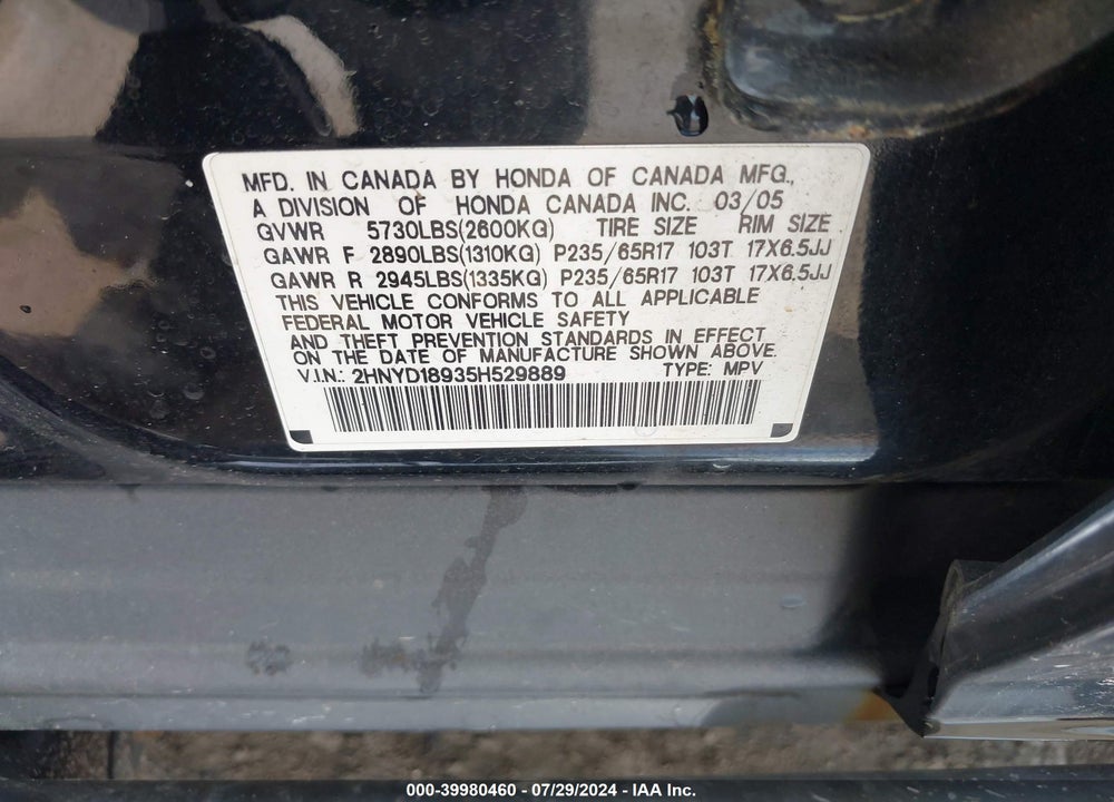 2005 ACURA MDX VIN: 2HNYD18935H529889