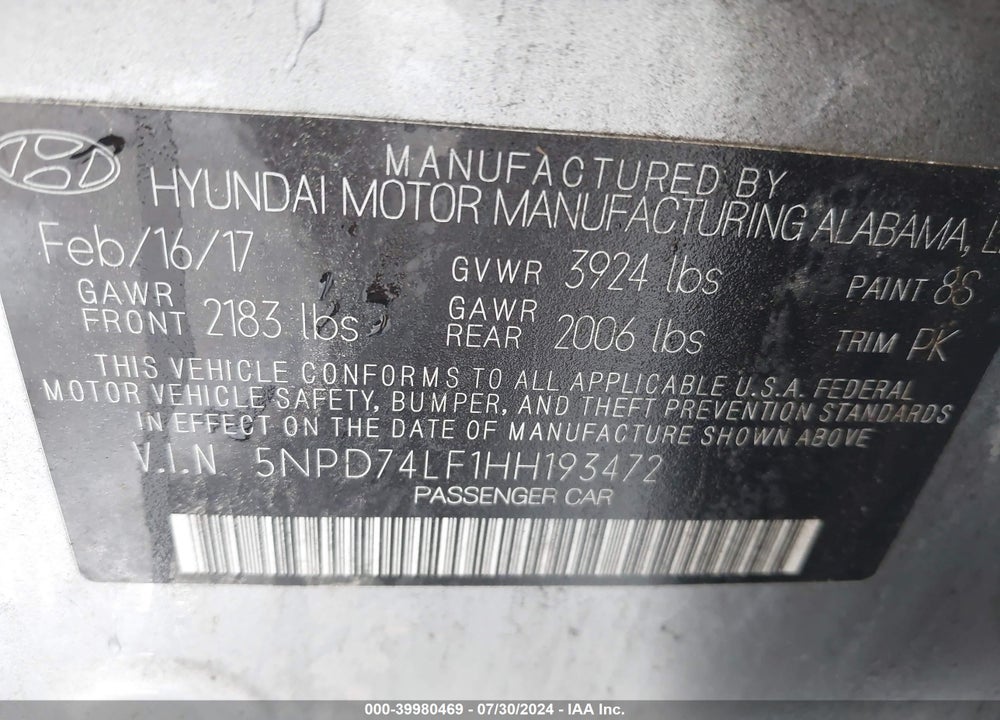 2017 HYUNDAI ELANTRA VIN: 5NPD74LF1HH193472