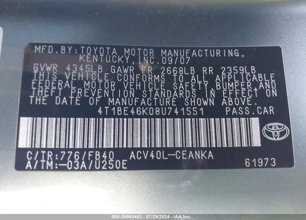 2008 TOYOTA CAMRY LE VIN: 4T1BE46K08U741551