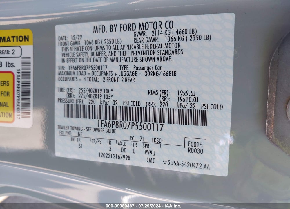 2023 FORD MUSTANG MACH 1 FASTBACK VIN: 1FA6P8R07P5500117