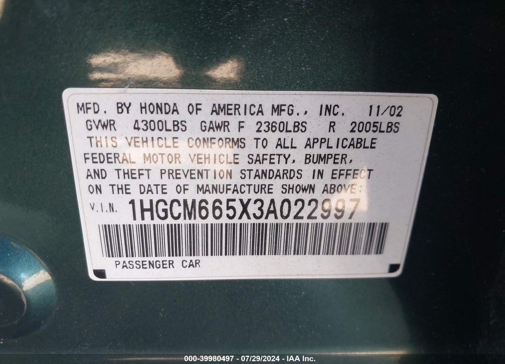 2003 HONDA ACCORD 3.0 EX VIN: 1HGCM665X3A022997