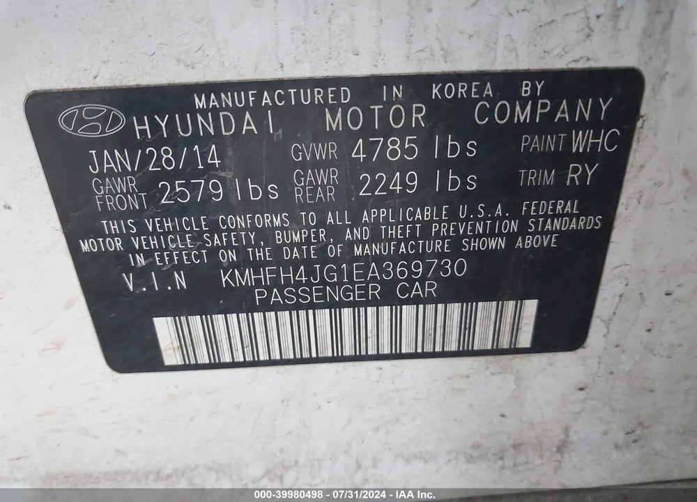 2014 HYUNDAI AZERA LIMITED VIN: KMHFH4JG1EA369730