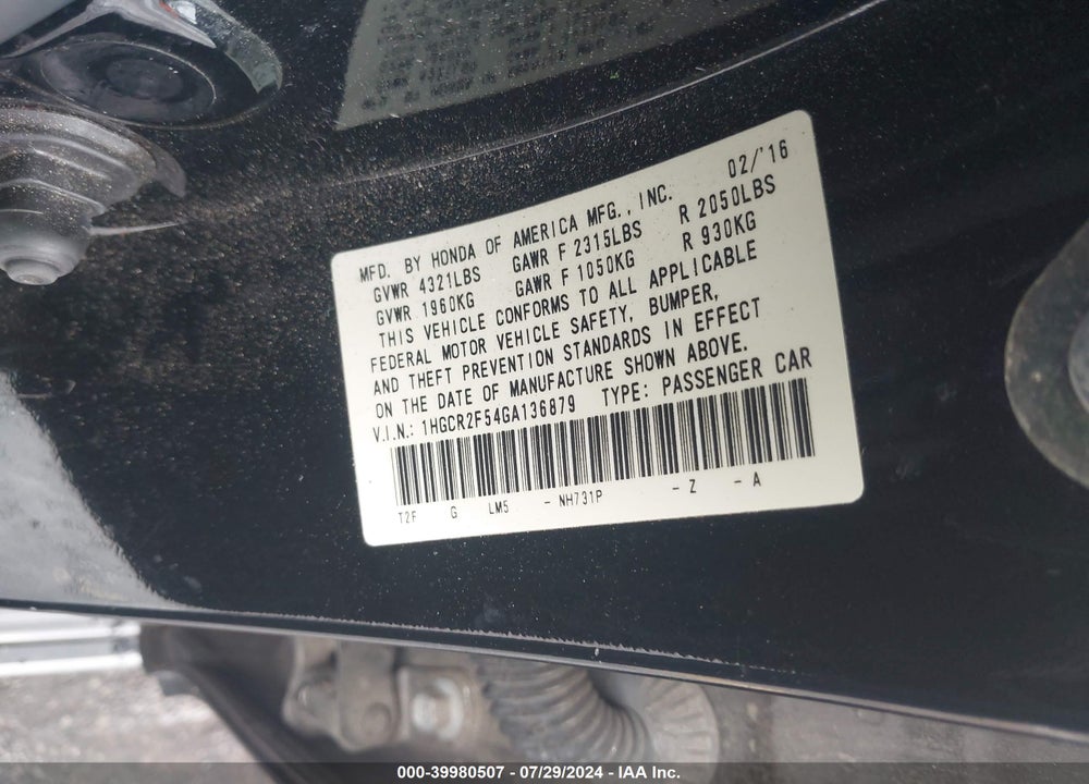 2016 HONDA ACCORD SPORT VIN: 1HGCR2F54GA136879