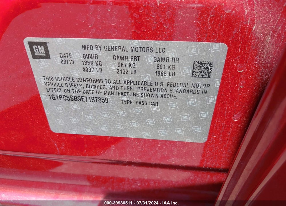 2014 CHEVROLET CRUZE 1LT AUTO VIN: 1G1PC5SB9E7187859