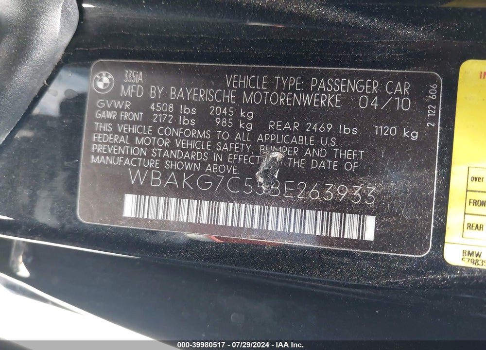 2011 BMW 335I VIN: WBAKG7C55BE263933
