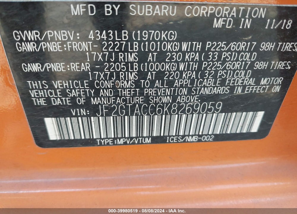 2019 SUBARU CROSSTREK 2.0I PREMIUM VIN: JF2GTACC6K8269059