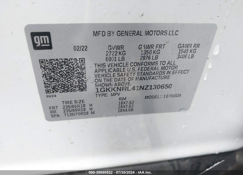 2022 GMC ACADIA VIN: 1GKKNRL41NZ130650