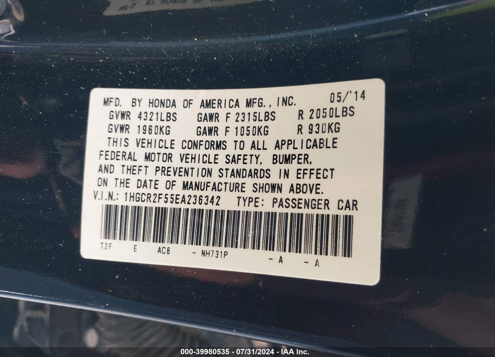 2014 HONDA ACCORD SPORT VIN: 1HGCR2F55EA236342