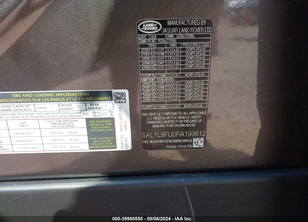 2024 LAND ROVER RANGE ROVER SPORT DYNAMIC SE VIN: SAL1L9FU0RA199612