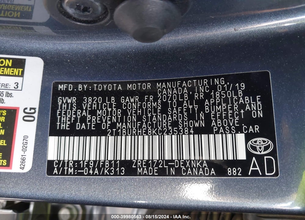 2019 TOYOTA COROLLA LE VIN: 2T1BURHE8KC235384