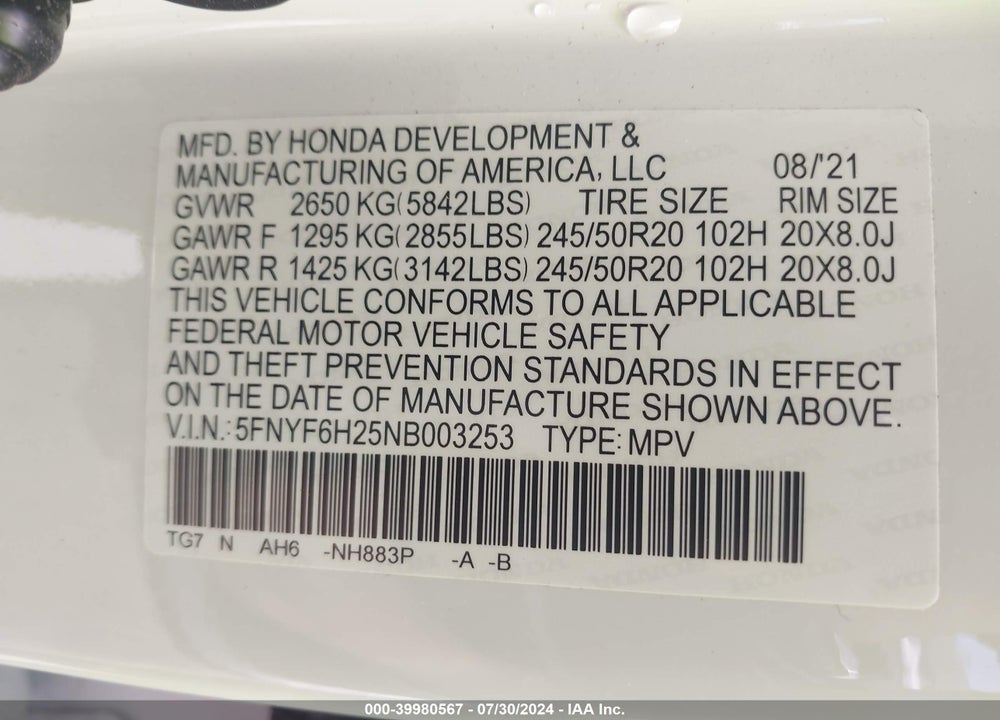 2022 HONDA PILOT AWD SPECIAL EDITION VIN: 5FNYF6H25NB003253