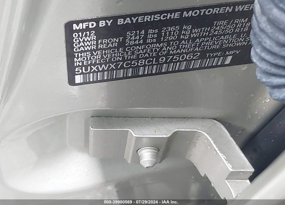 2012 BMW X3 XDRIVE35I VIN: 5UXWX7C58CL975062