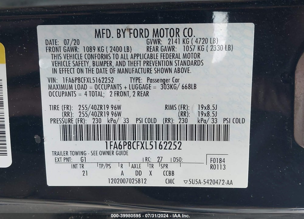 2020 FORD MUSTANG GT FASTBACK VIN: 1FA6P8CFXL5162252