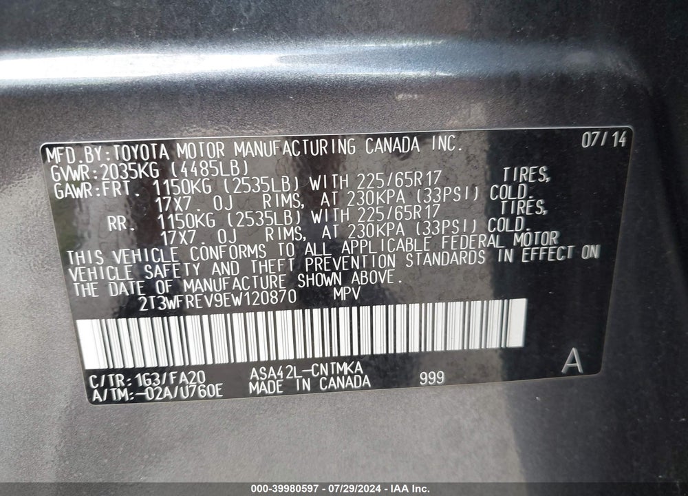 2014 TOYOTA RAV4 XLE VIN: 2T3WFREV9EW120870