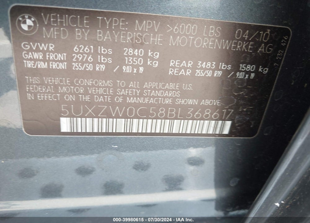 2011 BMW X5 XDRIVE35D VIN: 5UXZW0C58BL368617