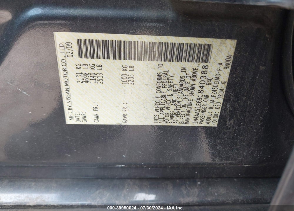 2009 NISSAN MAXIMA 3.5 SV VIN: 1N4AA51E69C840388