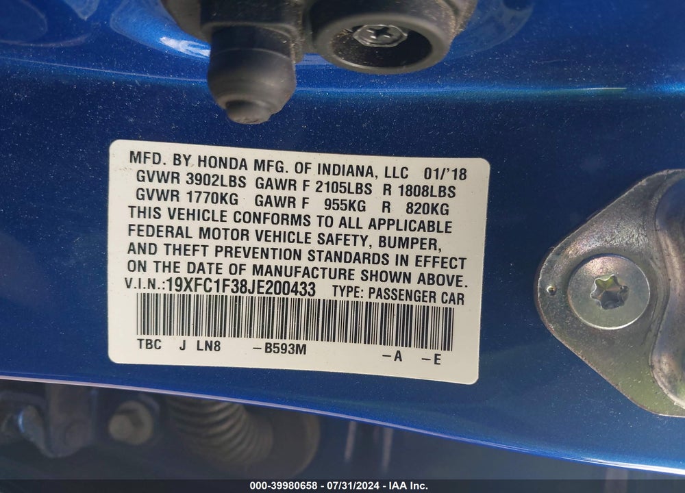 2018 HONDA CIVIC EX-T VIN: 19XFC1F38JE200433