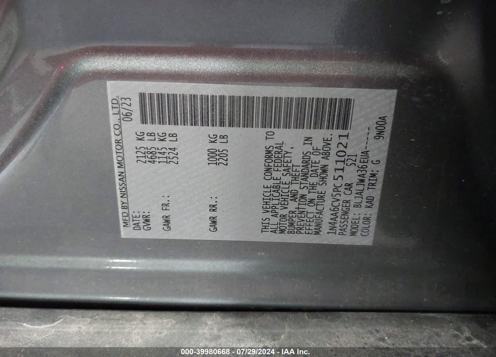2023 NISSAN MAXIMA SV XTRONIC CVT VIN: 1N4AA6CV5PC511021