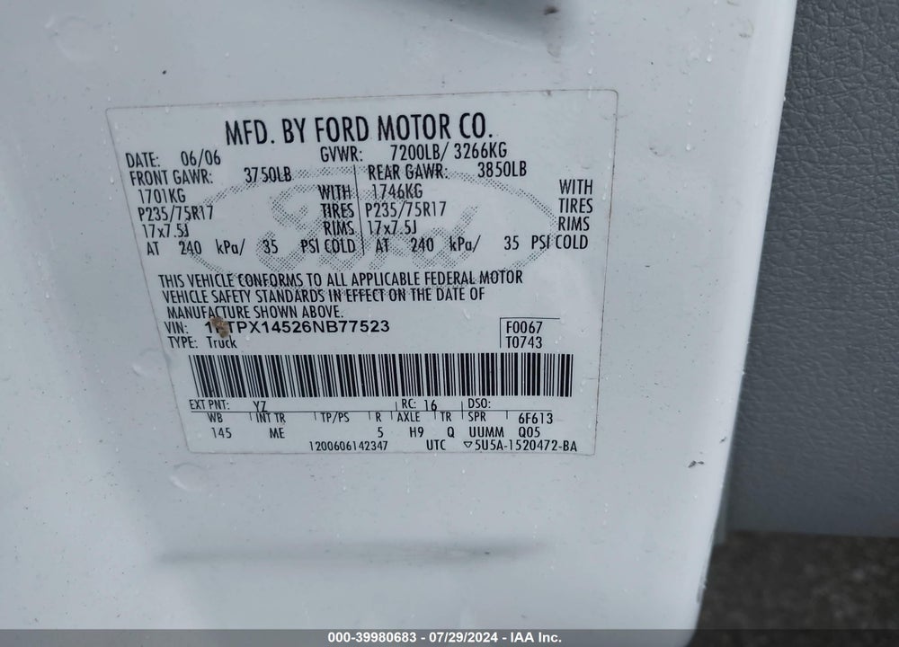 2006 FORD F-150 FX4/LARIAT/XL/XLT VIN: 1FTPX14526NB77523