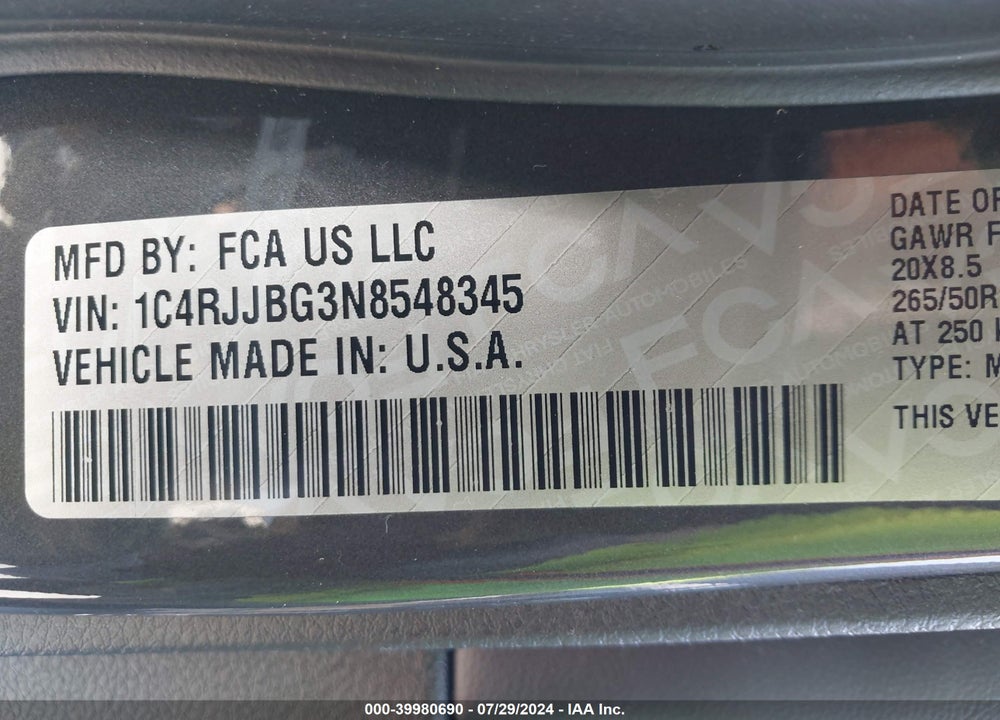 2022 JEEP GRAND CHEROKEE L LIMITED 4X2 VIN: 1C4RJJBG3N8548345
