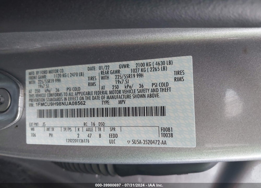 2022 FORD ESCAPE SEL VIN: 1FMCU9H98NUA08562