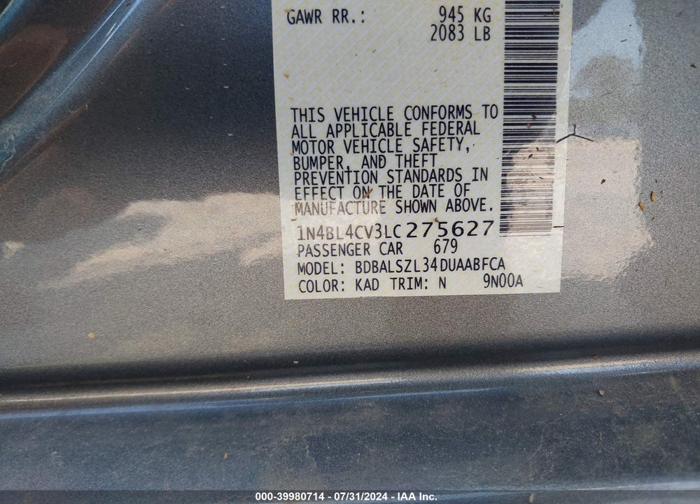 2020 NISSAN ALTIMA SR FWD VIN: 1N4BL4CV3LC275627